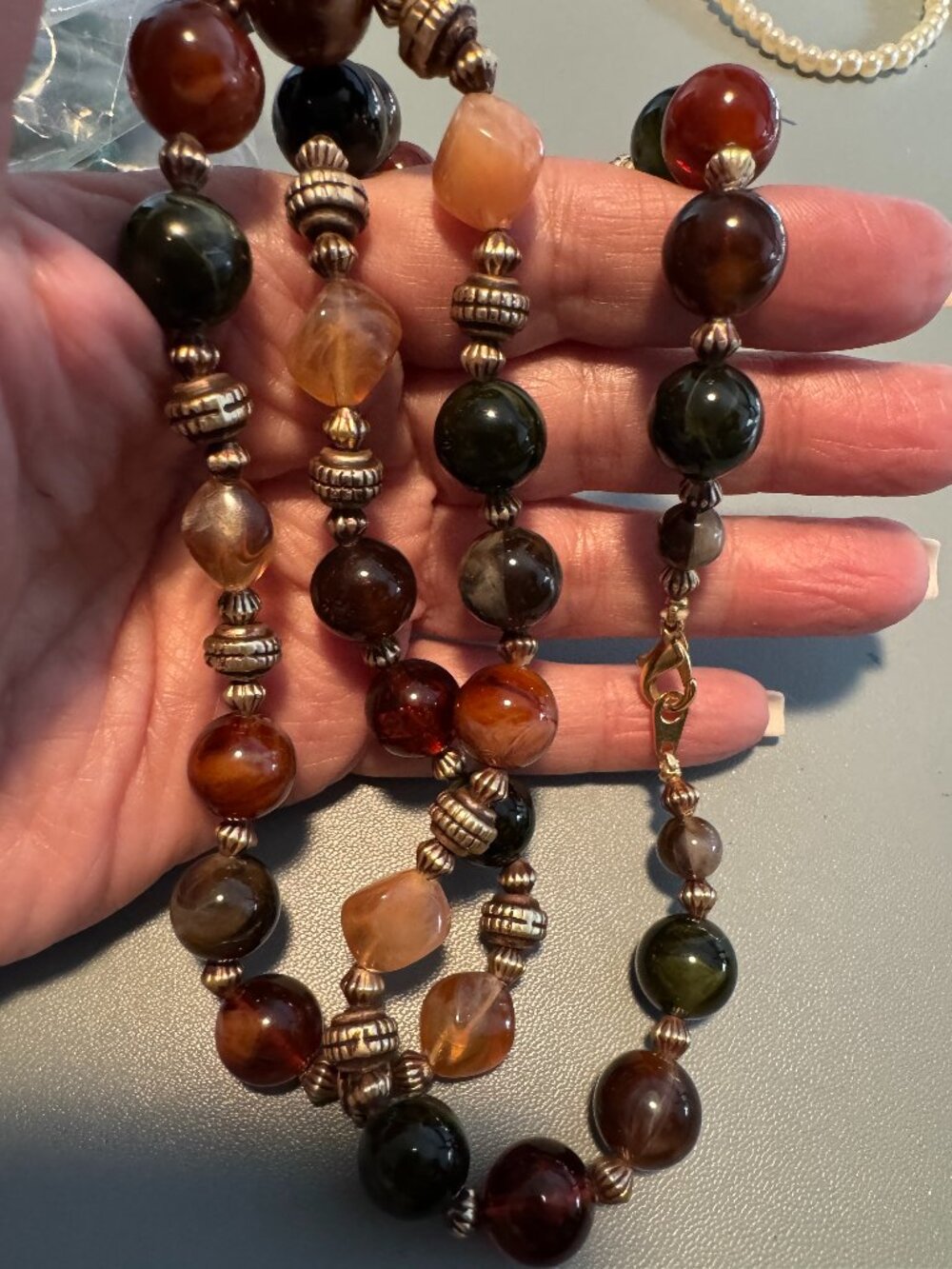 Multicolor Beaded Statement Necklace Earth Tone Fall Colors Gold Tone Boho Jewel